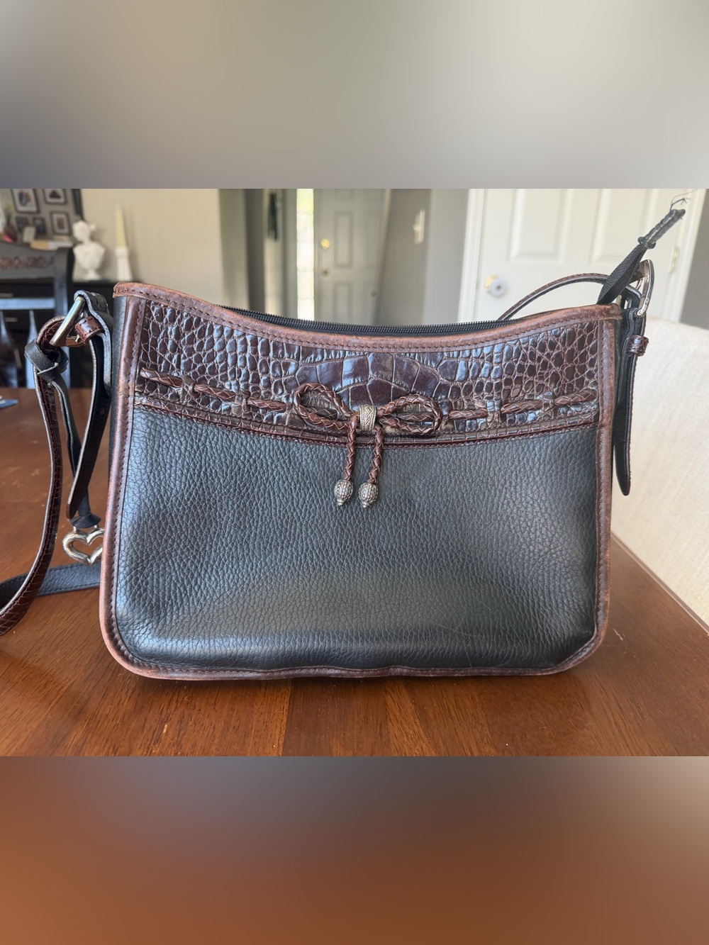 Vintage Brighton Leather Shoulder Bag Dark Brown Black Croc Embossed Boho Wester